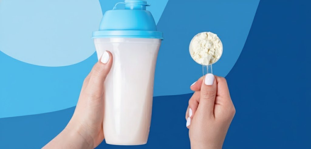 Woman holding supplement share and scoop